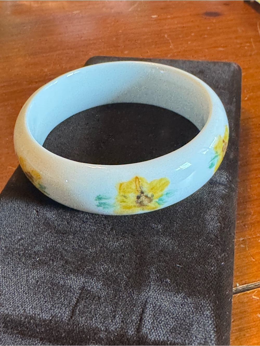 White Floral Ceramic Bangle Bracelet with Yellow Flowers